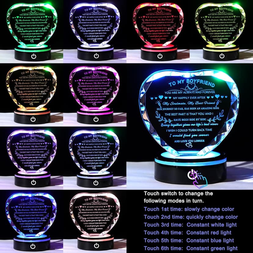 YWHL Gifts for Boyfriend with Colorful LED Base Unique Birthday Gift Ideas from Girlfriend Romantic Heart Crystal Keepsakes to My Anniversary Christmas Valentine Day Clear 4.33*3.74*.1.18