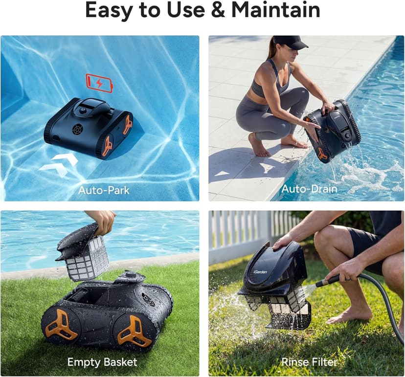 iGarden Robotic Pool Cleaner KN Series, 210-Min Runtime, Smart 3D Navigation, Full-Inverter Energy-Saving Tech, Cleans Floor, Wall & Waterline, for Above-Ground & Inground Pools, Matte Black