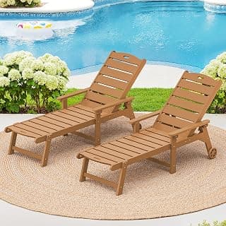 LUE BONA Outdoor Chaise Lounge Chairs Set of 2, HDPS Chaise Lounger, 5 Positions Adjustable Lounge Chairs, Pool Lounge Chair with Wheels for Poolside, Patio, Restaurant, 3 Year Warranty, Teak Color