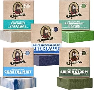 Cleansing Cold Process Soap, Gifts for Men (Coastal Mist, Fresh Falls, Sierra Storm, Rainforest Rapids & Coconut Castaway) Dr. Squatch Natural Men’s Bar Soap, Body Soap Bar (5oz, 5-Pack) B0F197LRLH