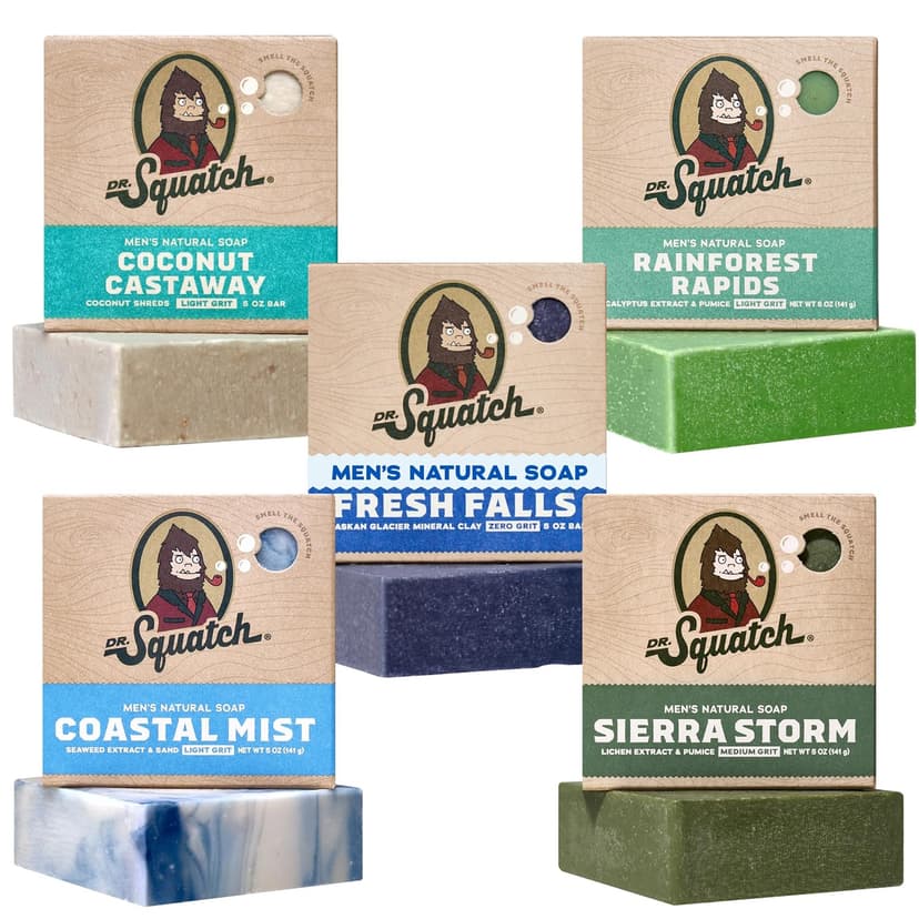 Cleansing Cold Process Soap, Gifts for Men (Coastal Mist, Fresh Falls, Sierra Storm, Rainforest Rapids & Coconut Castaway) Dr. Squatch Natural Men’s Bar Soap, Body Soap Bar (5oz, 5-Pack) B0F197LRLH
