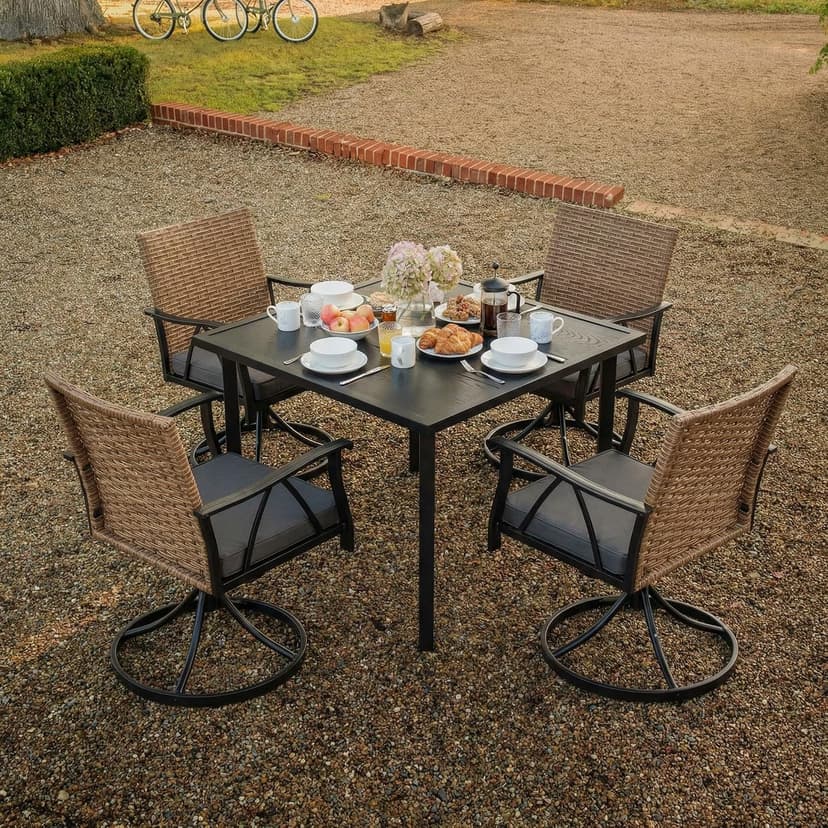 5-Piece Patio Dining Set for 4，Outdoor Dining Set with Wicker Swivel Patio Dining Chairs with Cushions & 1 Black Square Woodgrain Dining Table with 1.75”Market Umbrella Hole, Black & Brown