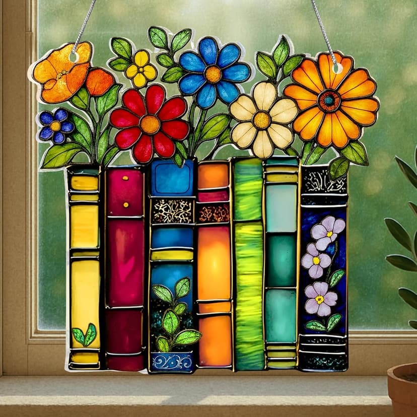 Book Lovers Gifts for Women, Book Ornament Faux Stained Glass Window Hanging, Bookish Gifts for Teacher, Librarian, Reader, Bookworm, Christmas Stocking Stuffer Tree Decorations (Floral Shelf)