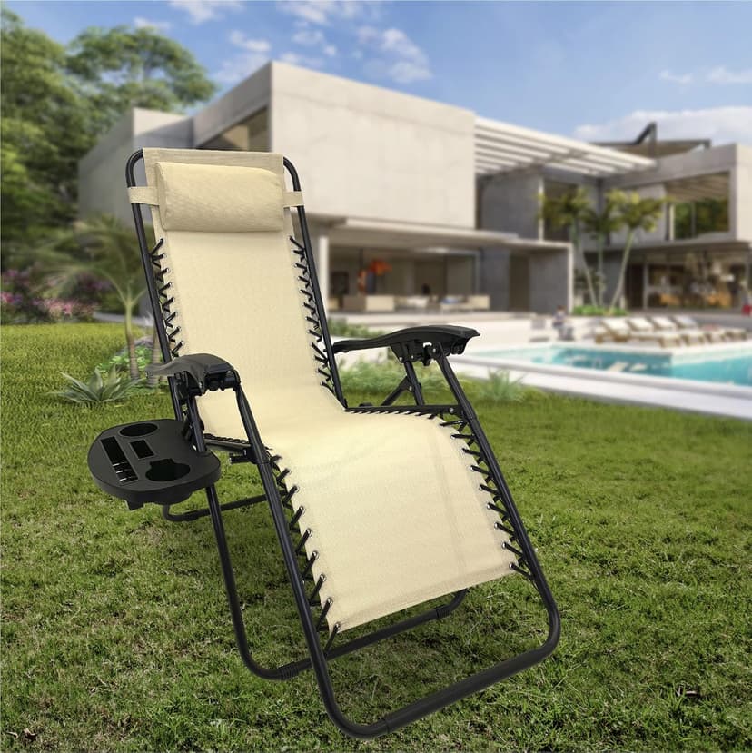 EasyGo Product Zero Gravity Lawn Lounge Pillow and Cup Holder Furniture Outdoor Adjustable Dining Reclining Folding Chairs for Deck Patio Beach Yard, 2 Pack TAN
