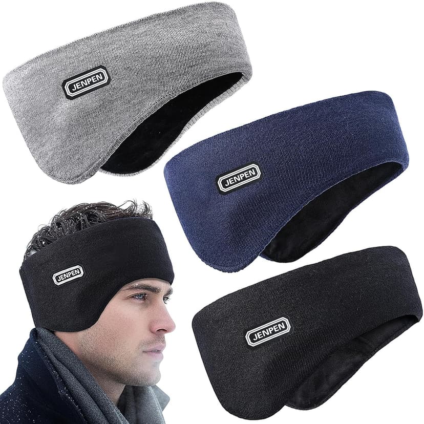 JenPen 3 Pcs Double-layer Ear Muffs for Winter Ear Warmers Headband for Men Women Knit Fuzzy Lined for Adult Running Cycling Ski (Black,Light Grey,Navy Blue)