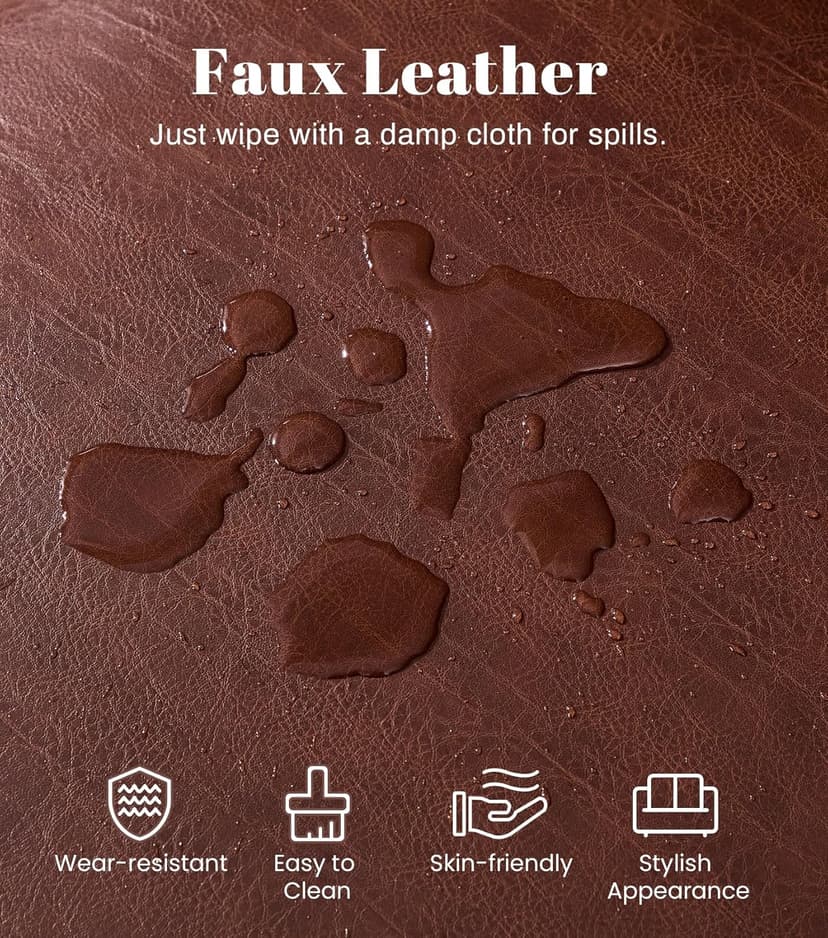 Kingfun Mid-Century Modern Couch, Faux Leather Sofa, 3 Seater Couch for Living Room with Rolled arms & Nailhead Trim, Dark Coffee