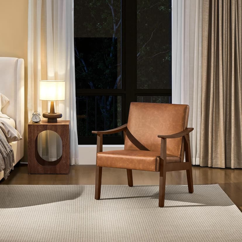 Yaheetech PU Leather Accent Chair, Mid-Century Modern Armchair with Solid Wood Legs, Reading Leisure Chair with High Back for Living Room Bedroom Waiting Room, Brown