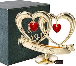 Matashi 24K Gold Plated "Happy Anniversary" Double Heart Table Top Ornament With Red-Cut Crystals