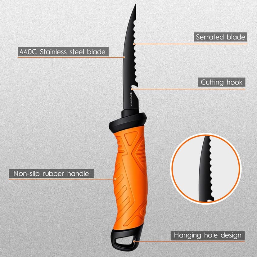 BasicGear Fishing Fillet Knife Set of 4 – 5”, 7”, 8”, 9” 440C Stainless Steel Knives with Non-Stick Blades, Sheaths, Sharpener, and Carry Bag – Deboning and Filleting Tools for All Fish Types