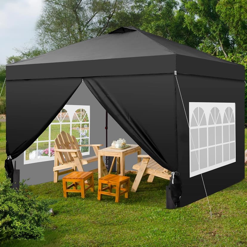GDY 10x10 Pop Up Canopy Tent with 4 Sidewalls, Easy Set up with One Push Lift Outdoor Silver Coated Beach Gazebos, Carpas with 4 Sandbags, for Events, Parties,Camping, Black.