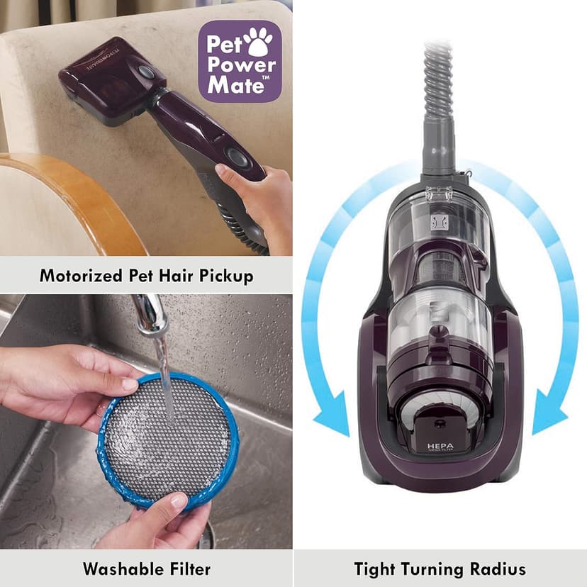 Kenmore 22614 Pet Friendly Lightweight Bagless Compact Canister Vacuum with Pet Powermate, HEPA, Extended Telescoping Wand, Retractable Cord and 2 Cleaning Tools-Purple