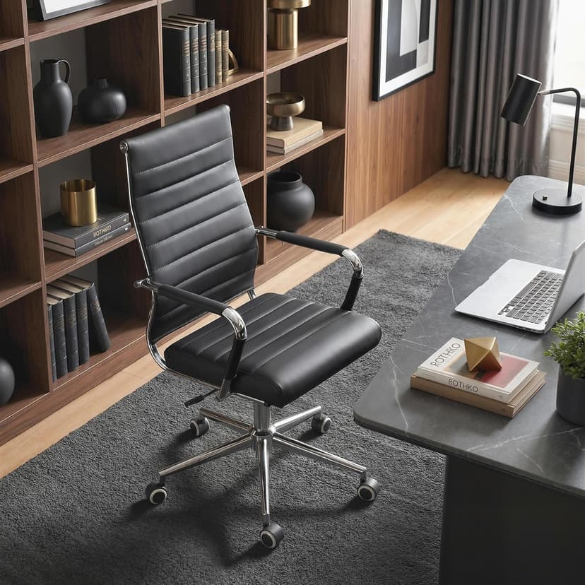 Okeysen Office Desk Chair, Ergonomic Leather Modern Conference Room Chairs, Executive Ribbed Height Adjustable Swivel Rolling Chair for Home Office. (Black)