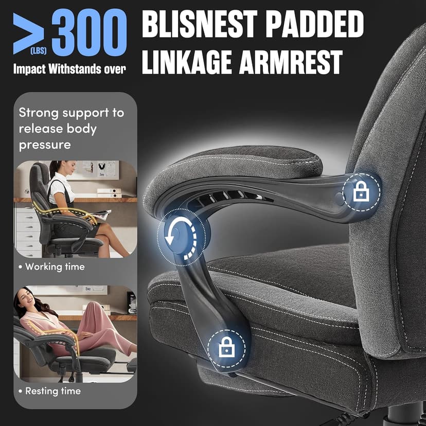 Massage Office Chair with Foot Rest,6-Point Vibration & Heat Executive Office Chairs,Ergonomic Computer Chair for Heavy People,Big and Tall Fabric Office Chair,Recliner with Padded Armrest,BlackGrey