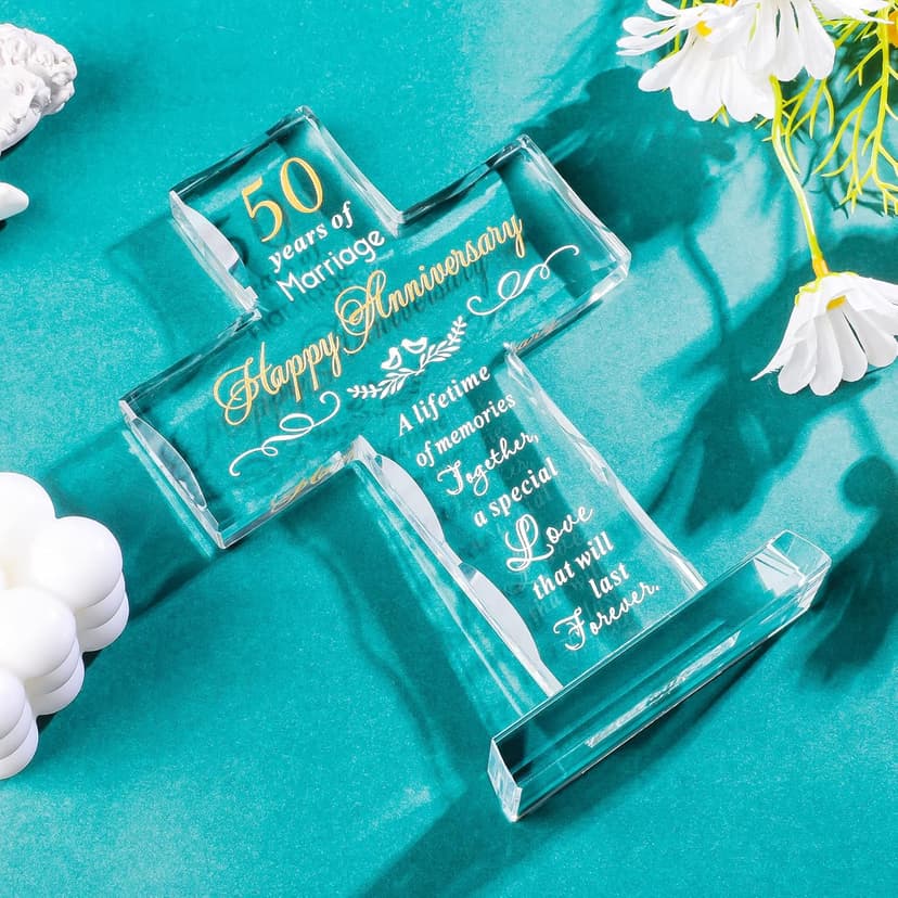 YWHL 50th Wedding Anniversary Religious Cross Gifts for Women Men, 50 Year Anniversary Romantic Gift for Him Her, Laser Engraved Glass Standing Cross Keepsake for Couple, 50 Years of Marriage Present