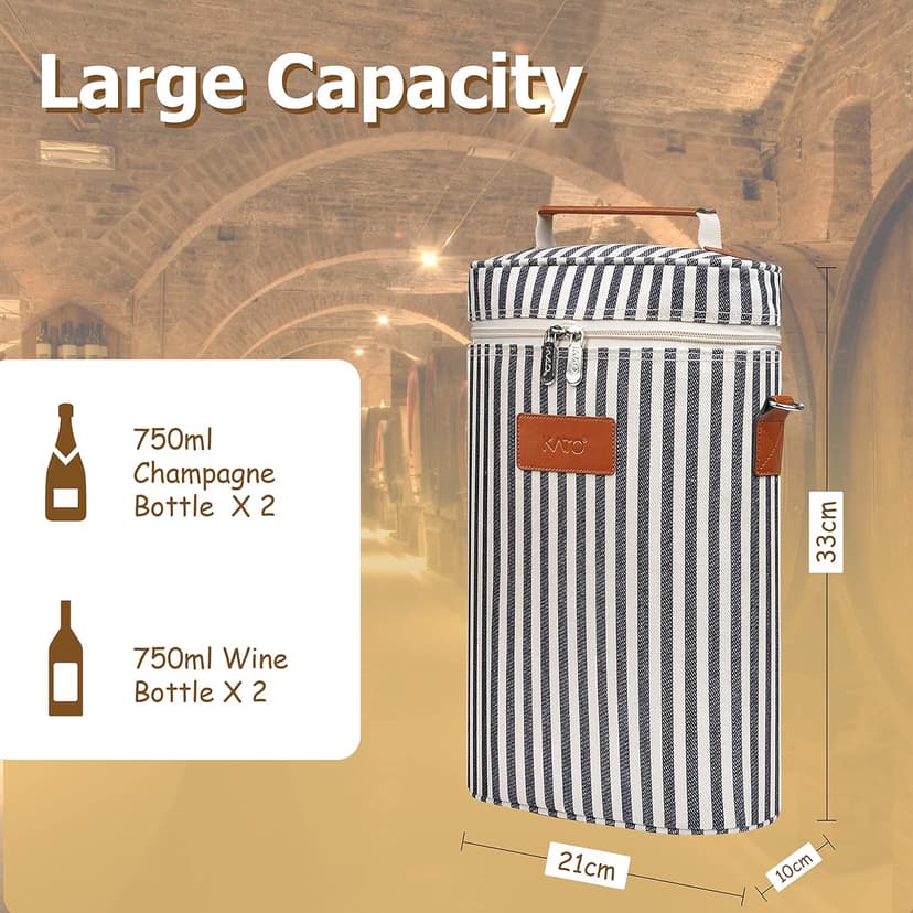 Tirrinia 2 Bottle Insulated Wine Tote Carrier - Leakproof, Padded Cooler Bag for Travel, BYOB, Tasting, Parties - Great Gift for Wine Lovers, Striped
