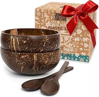 Jungle Culture 2 Polished Coconut Bowl & Wooden Spoons Set with Bamboo Straws • Natural Yoghurt & Smoothie Bowls Ideal for Ninja Creami • Healthy Coco Shell Buddha, Acai • Eco Friendly Vegan Gifts