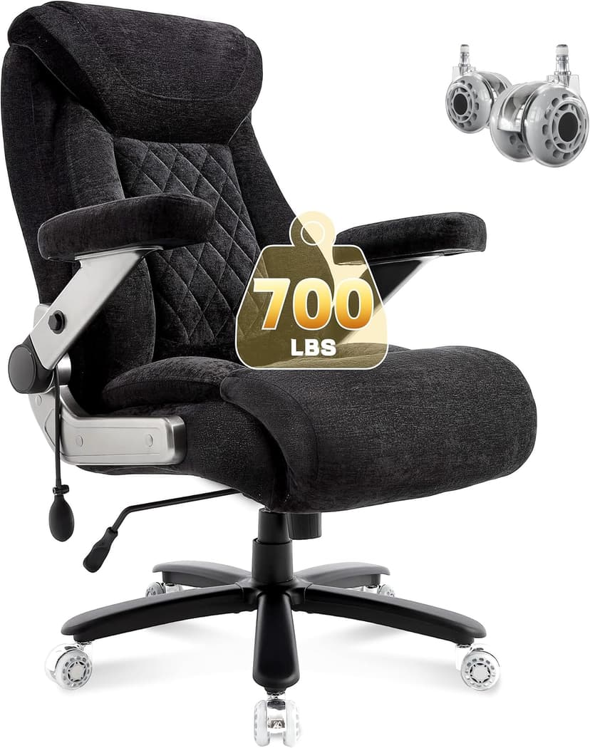 Fabric 700lbs Big and Tall Office Chair, Ergonomic Heavy Duty Executive Cloth Office Chair with 5D Flip Arms & Adjustable Lumbar Support & Dual Rubber Wheel, Large Thick Padded Extra Wide Seat, Black