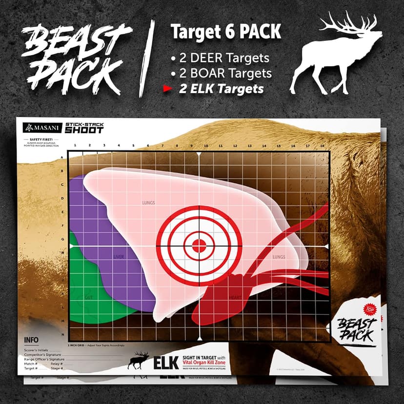 MASANI Beast Pack - Life Size Deer, Elk, and Boar Paper Shooting Targets - Indoor/Outdoor, Backyard Range Fun for All BB Gun, Pistol, Rifle, Crossbow, Archery, Pellet and Airsoft Guns - 19 x 25 Inch