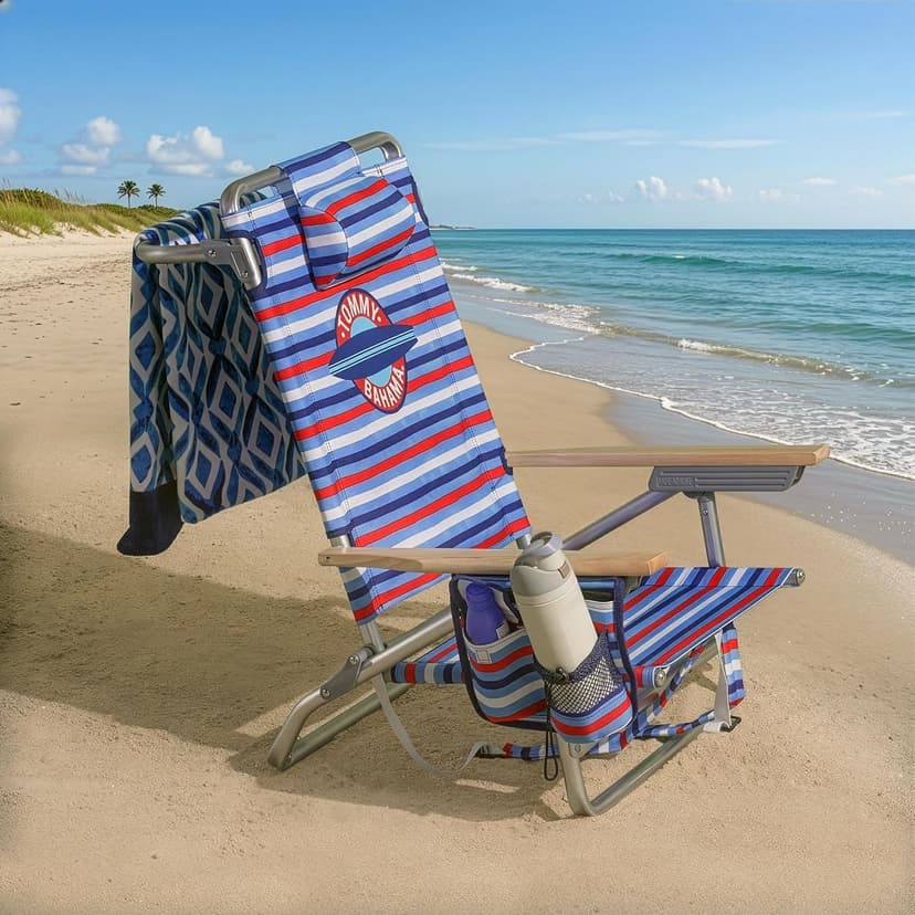 Tommy Bahama 5-Position Classic Lay Flat Folding Backpack Beach Chair, Aluminum, Red, White, and Blue Stripe