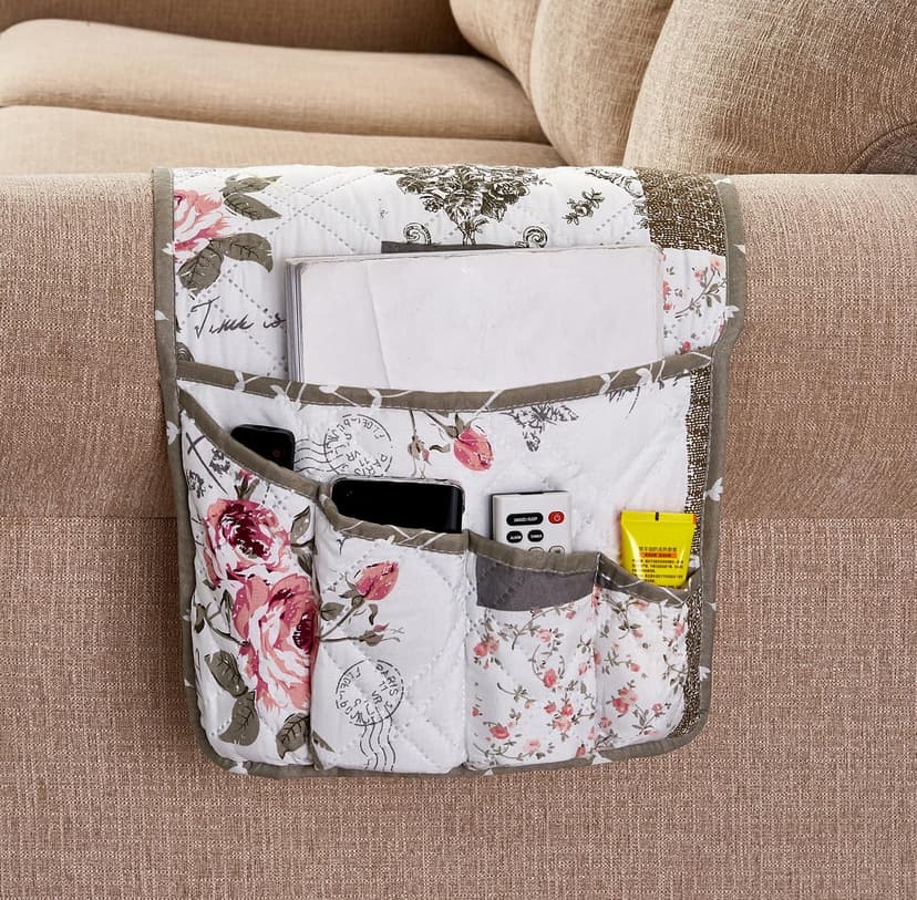Non Slip Armchair Caddy for Sofa Recliner, Washable Remote Controls Holder, Storage for Magazine, Phone, iPad Brilliant Sunshine Pink Rose & Grey Toile Couch Armrest Organizer, 35"×13" B07X3Z4HYK