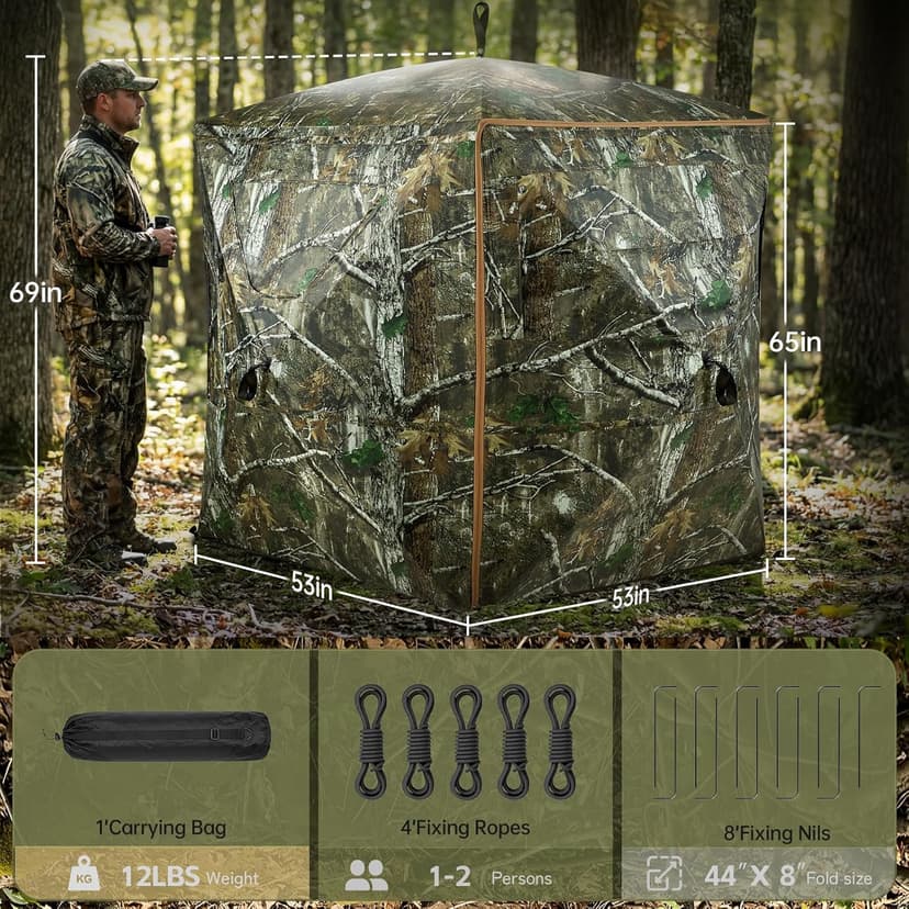 Hunting Blind, 360 Degree See Through Pop Up Deer Blind for 1-2 Person, Silent Sliding Windows,Ground Blind with Carry Bag, Camouflage Hunting Tent for Deer Turkey Duck Hunting