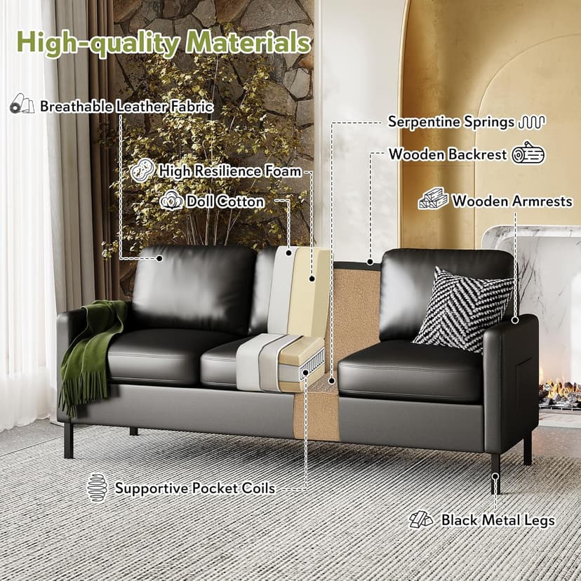 STHOUYN 72" W Faux Leather Black Sofa 3 Seat Couch, Modern Comfy Couch with 2 USB, Small Couches for Living Room Apartment Bedroom Small Spaces, Office(Black (Sofa))