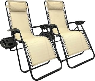 EasyGo Product Zero Gravity Lawn Lounge Pillow and Cup Holder Furniture Outdoor Adjustable Dining Reclining Folding Chairs for Deck Patio Beach Yard, 2 Pack TAN