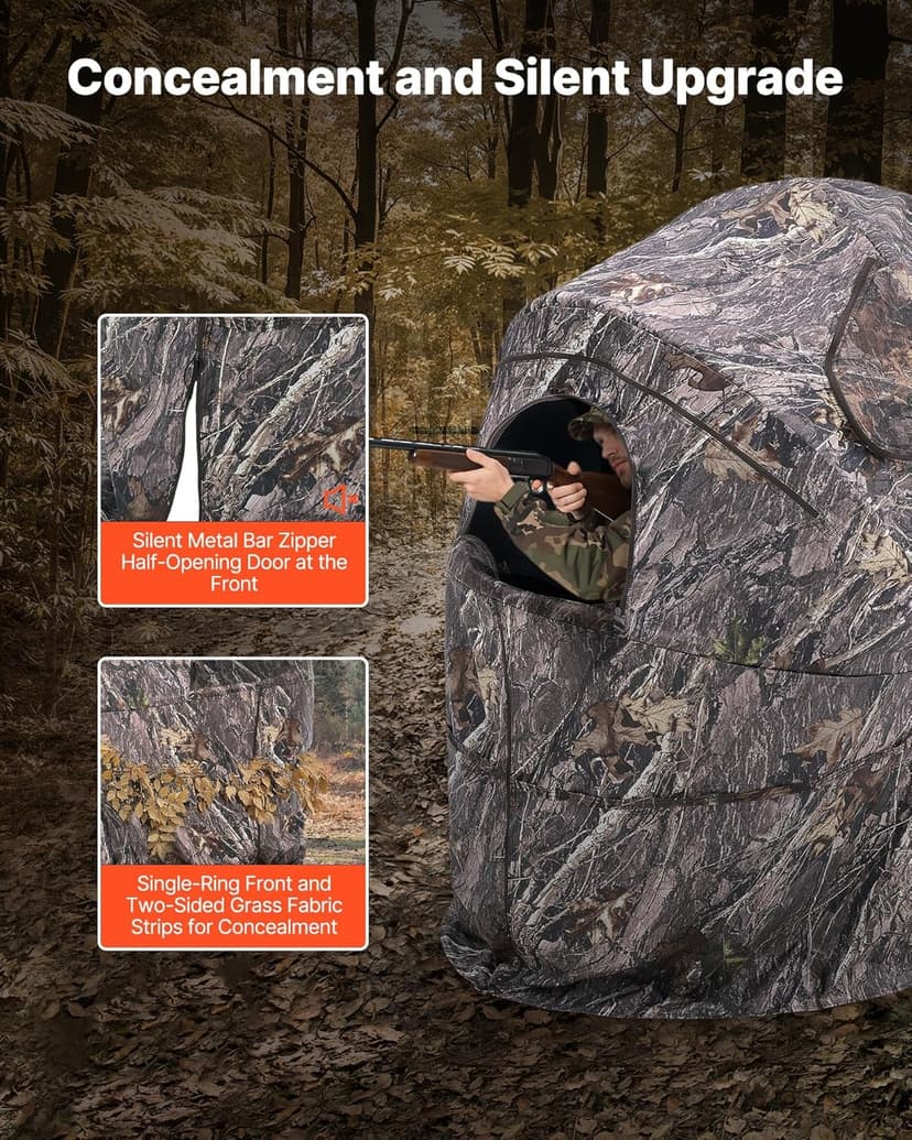 VEVOR Hunting Blind，See Through Ground Blinds with Carrying Bag, 360 Degree Portable Camouflage Tent，Durable Concealed Shelter with Silent Side Door and Window, for Turkey and Deer