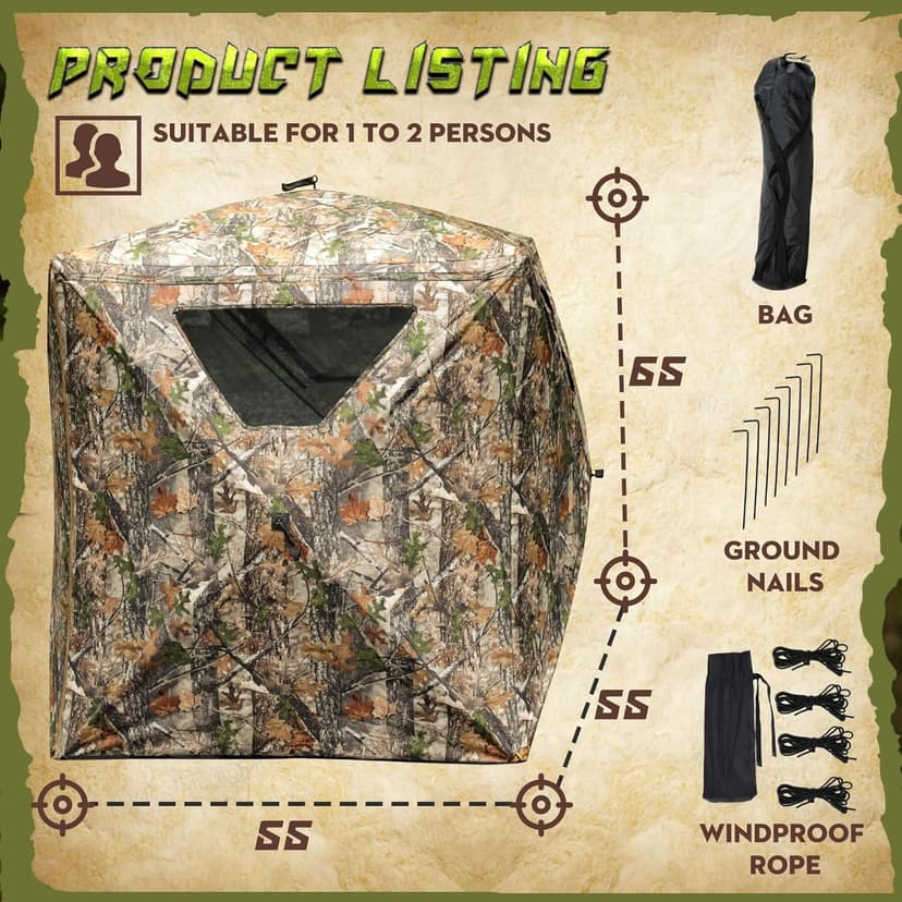 Lenotos Hunting Blind, 2 Person Pop Up Blinds 360 Degree See Through, Portable Durable Hunting Ground Blinds for Deer & Turkey Hunting