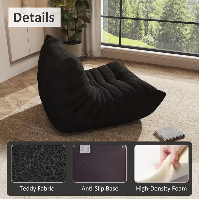 Bean Bag Chair for Adults, Comfy Floor Chair Memory Foam Bean Bag Chair, Cozy Lounge Floor Chair for Gaming, Reading & Relaxation, Small Foam Couch for Living Room, Bedroom(Black,Single)
