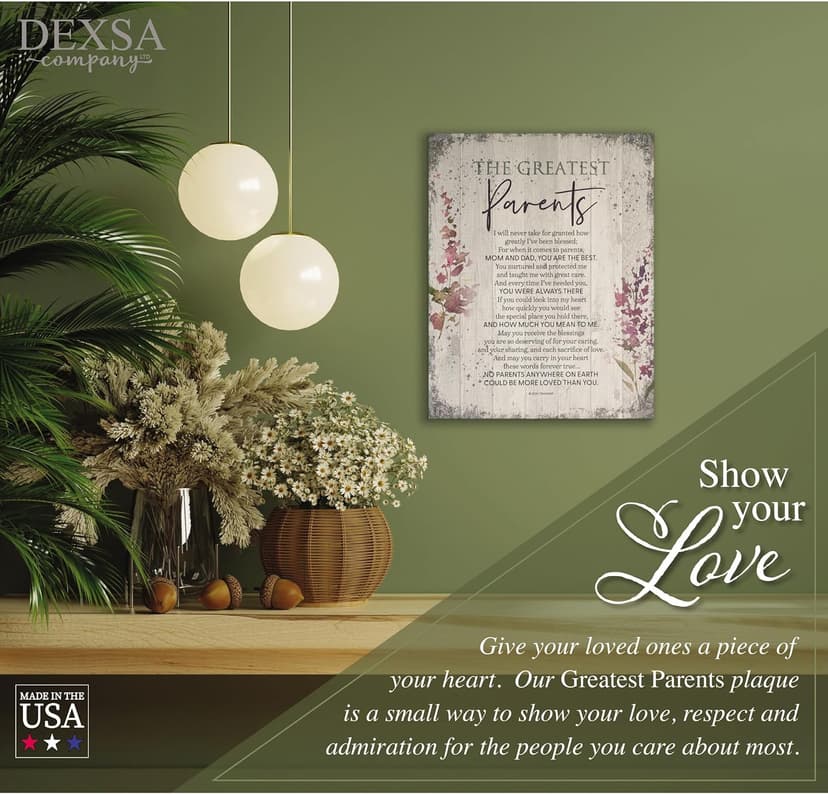DEXSA Greatest Parents Wood Plaque - Made in the USA - 11.75 in x 15 in - Classy Vertical Frame Wall Hanging Decoration | Mom & Dad, you are the Best | Christian Family Religious Home Decor Saying