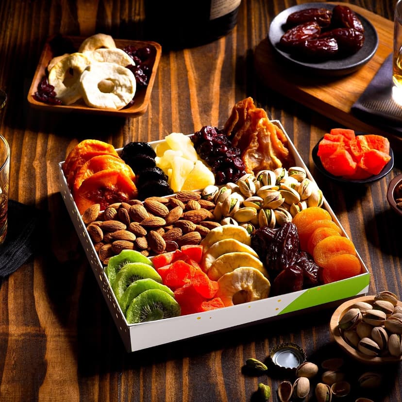 in White Gold Box Food Arrangement, Healthy Snack Care Package, Kosher NUT CRAVINGS - Dried Fruit & Mixed Nuts Gift Basket (12 Assortments) B07K8RCCB9
