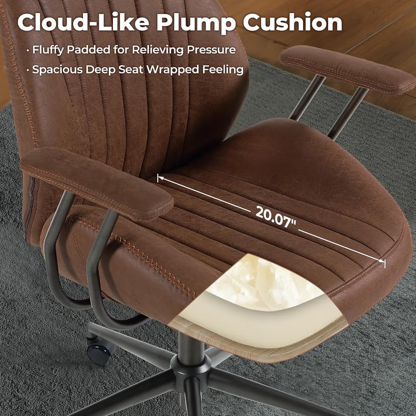 ovios Ergonomic Office Chair, High Back Faux Leather Executive Chairs with Armrests, Comfy Mid-Century Modern Swivel Rolling Computer Armchair (Dark Brown, Suede Leather)