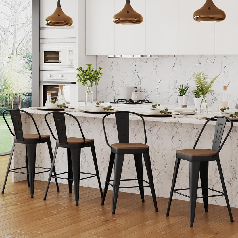 ALISH 26 Inch Industrial Bar Stools Set of 4, High Back Metal Barstools with Large Wood Seat, Counter Height Bar Chairs for Kitchen Island (26 Inch Set of 4, Black)