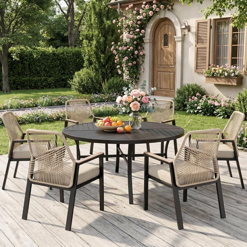 MIXPATIO 7 Pieces Round Outdoor Dining Set for 6, Patio Dining Set Wicker Rattan Chairs with Soft Cushion and 54" Round Table with Umbrella Hole, Round Patio Table and Chairs for Backyard Porch