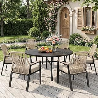 MIXPATIO 7 Pieces Round Outdoor Dining Set for 6, Patio Dining Set Wicker Rattan Chairs with Soft Cushion and 54" Round Table with Umbrella Hole, Round Patio Table and Chairs for Backyard Porch