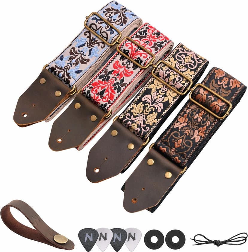 Nefelibata Guitar Strap,Jacquard Embroidery Cotton Guitar Straps with Crazy Horse Leather Ends for Bass, Electric & Acoustic, Best Gifts for Kids, Guitarists(Embroidered Gold Flower)