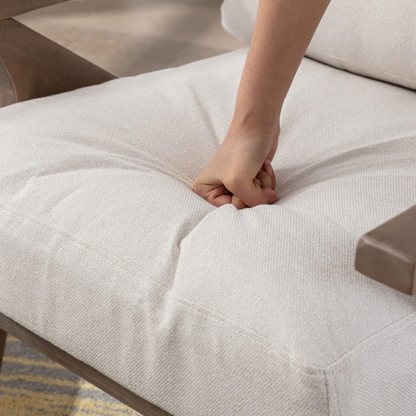 chairus Mid-Century Modern White Linen Accent Chair with Ottoman, Comfy Upholstered Lounge Armchair with Removable Cushions & Solid Wood Frame, Fabric Reading Chair for Living Room Bedroom Office
