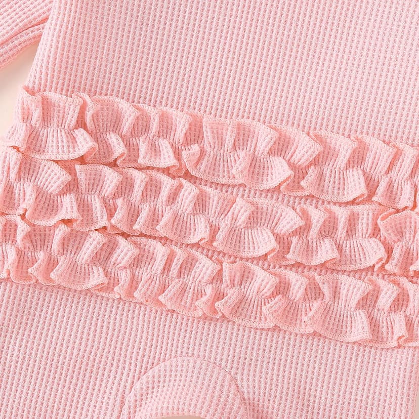 Soft waffle knit romper with ruffle trim, snap closure and matching bow headband QITUDATEY Baby Girl Waffle Knit Romper with Headband, Ruffle Jumpsuit B0HCKVJZZB