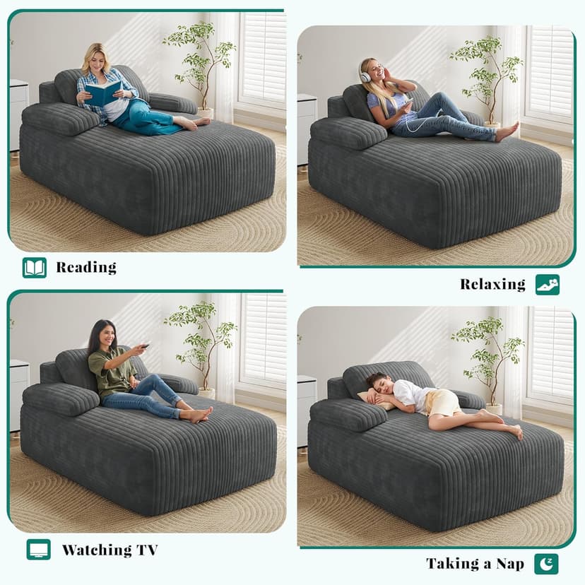 YITAHOME 67"L x 48"W Chaise Lounge Chair Indoor, Oversized Corduroy Upholstered Boneless Sofa Bed, Deep-Seat Sleeper Couch, Reading Chair, Cloud Sofa Couch for Living Room, No Assembly Required, Grey