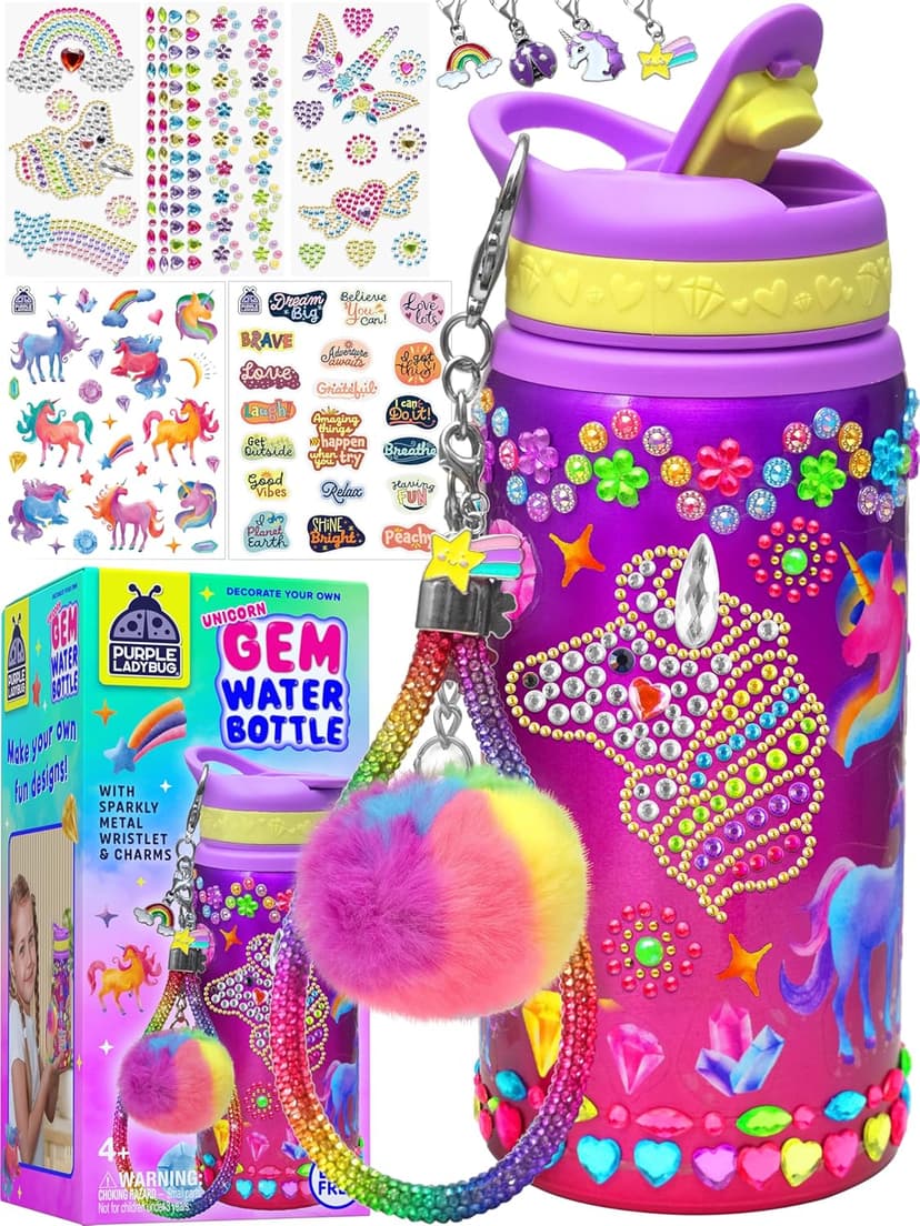 PURPLE LADYBUG Decorate Your Own Water Bottle Kit for Girls - Gifts for Ages 5 6 7 8 9 10 Year Old Girl Birthday, Girl Christmas Gifts Unicorn Toys Crafts Kids Ages 6-12