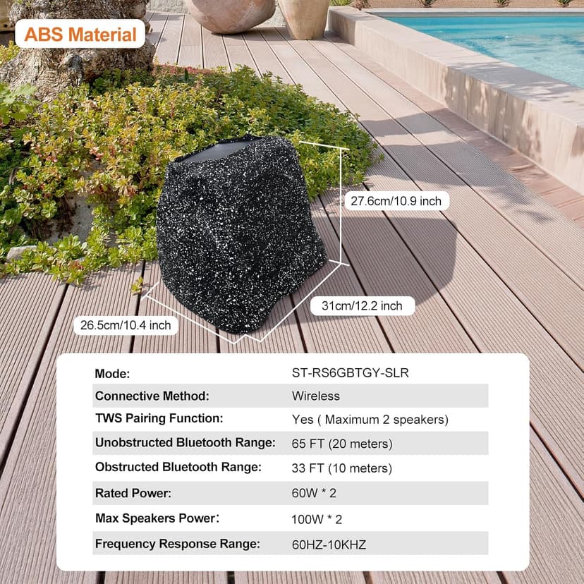 STUDIOFINIX 6.5" Rock Speakers Outdoor Waterproof - 5.3 Bluetooth Wireless Speaker Solar Powered Max Peak 200W for Garden,Patio,Deck,Pool,Backyard (Gray 1 Pair)