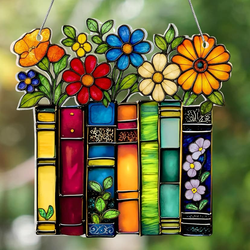Book Lovers Gifts for Women, Book Ornament Faux Stained Glass Window Hanging, Bookish Gifts for Teacher, Librarian, Reader, Bookworm, Christmas Stocking Stuffer Tree Decorations (Floral Shelf)
