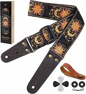 Nefelibata Guitar Strap, Sun & Moon Embroidery Guitar Straps with Head Cowhide Leather Ends for Bass, Electric & Acoustic Guitars, Free Strap Button, 1 Pair Strap Locks and 4 Guitar Picks