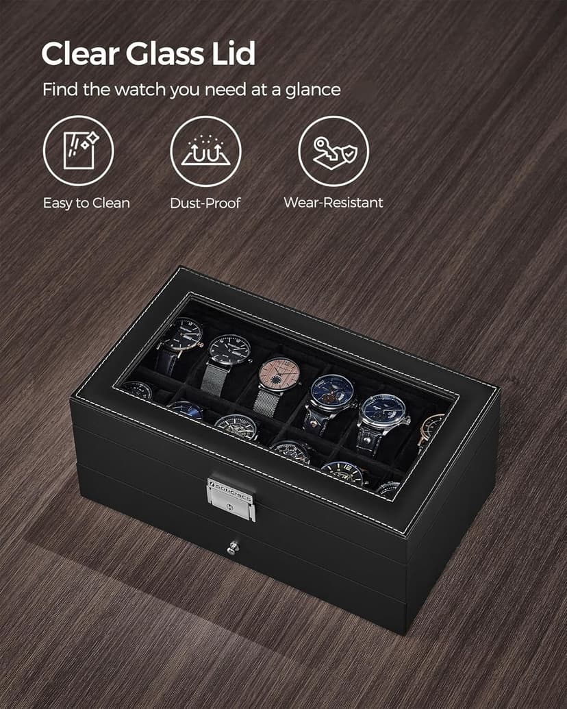 SONGMICS Watch Box, 12-Slot Watch Case Organizer with Large Glass Lid, 2 Layers, Removable Pillows, Metal Lock, Gift for Loved Ones, Black Synthetic Leather, Black Lining UJWB012B03