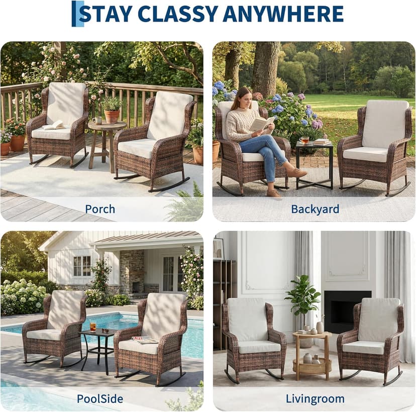 Patio Rocking Chair for Outdoor, Rattan Wicker Chair with Thick Cushions & Steel Frame, All-Weather PE Chair for Garden, Backyard, Porch, Deck