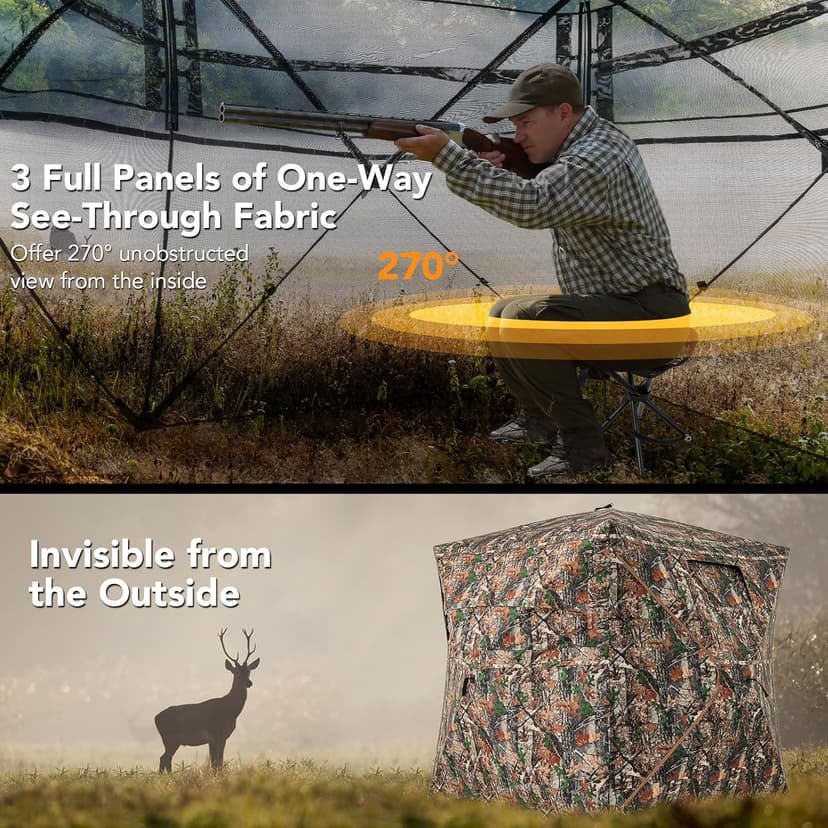 Tangkula Extra Tall 3-4 Person Hunting Blind, 270 Degree See Through Ground Blind with Silent Slide Windows, Zippered Door, Carry Bag, Pop Up Deer Blind for Turkey Hunting, Camouflage