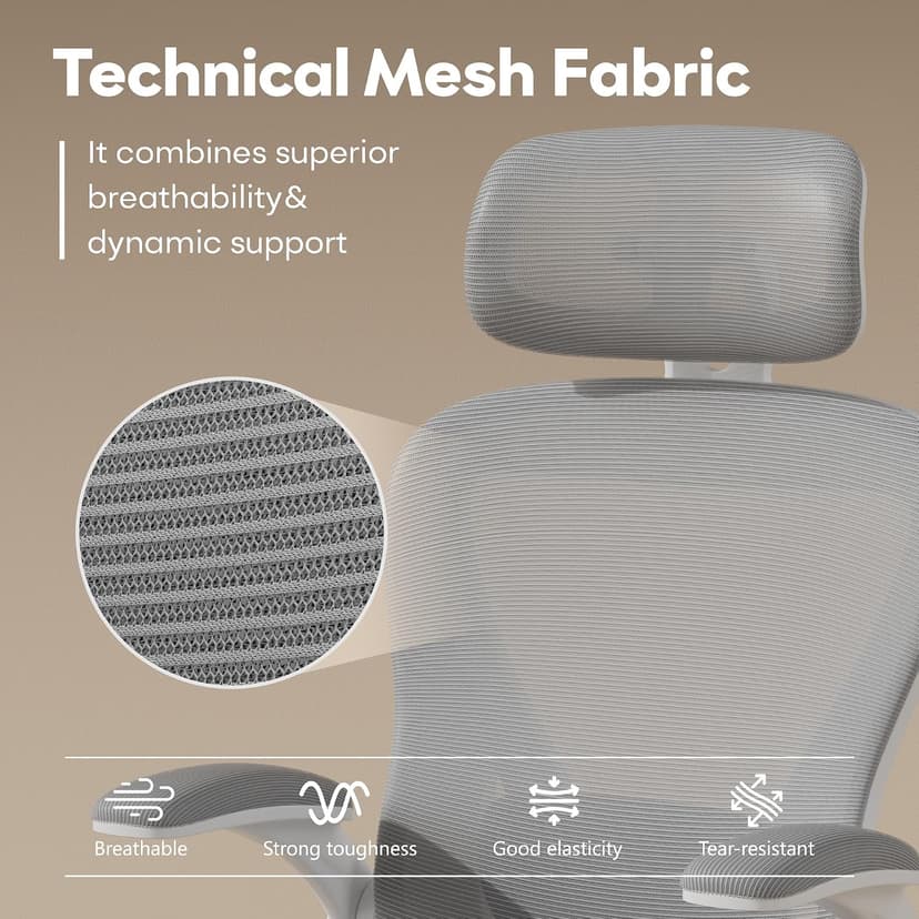 SeekFancy Ergonomic Office Chair M903, Computer Desk Chair with Wheels, High Back Mesh Office Chair with Adjustable Lumbar Support, Headrest, Flip-Up Armrests, White Grey