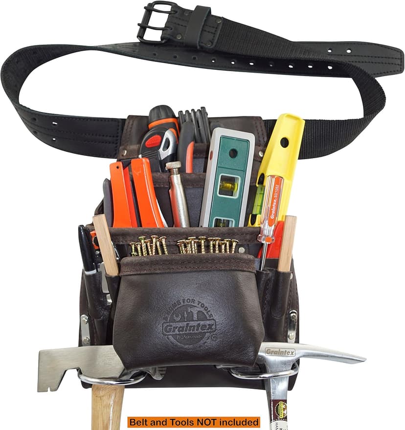 Graintex PS1234 10 Pocket Tool Pouch Oil Tanned Leather for Constructors, Electricians, Plumbers, Framers