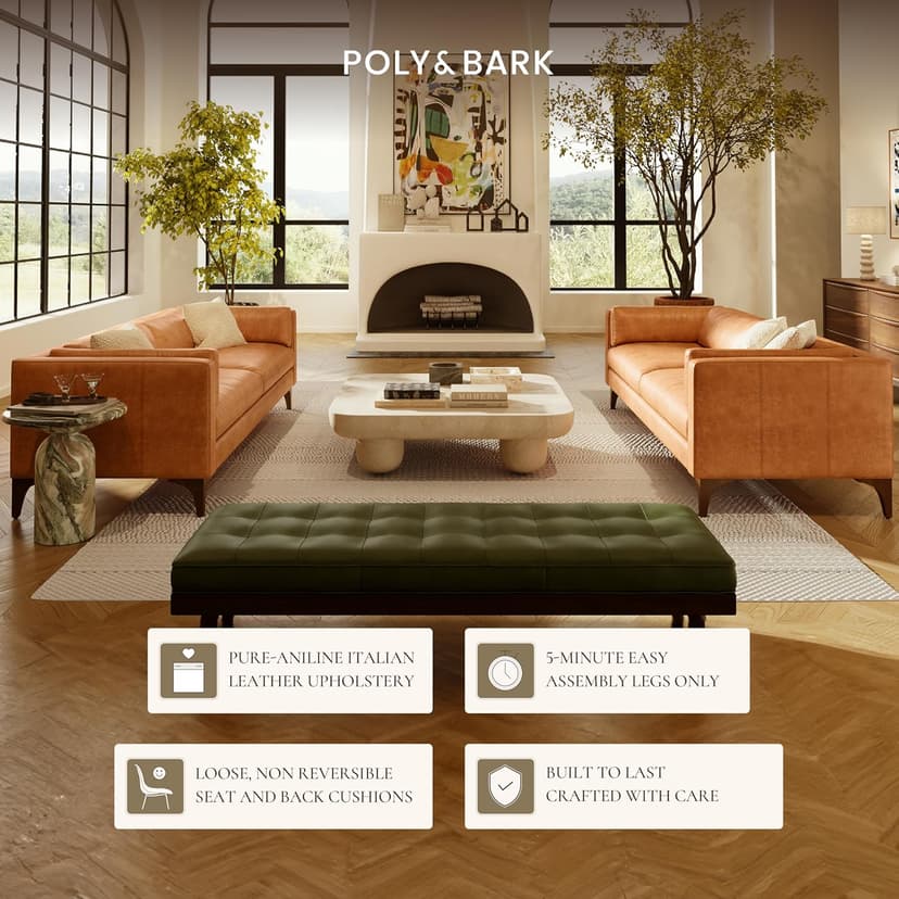POLY & BARK Argan 93” Leather Sofa – Full-Grain Italian Aniline Leather, Feather-Down Comfort, Solid Wood Frame – Cognac Tan